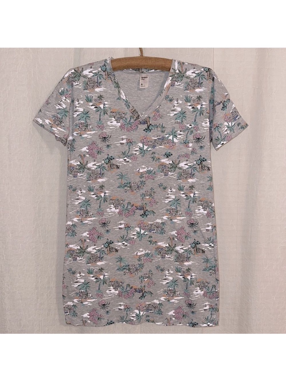 anko 4 Gray White Pink Green Black Blue Beach Scapes Cotton V Neck Sleep Shirt